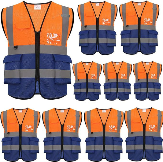 zojo High Visibility Safety Vests With Pockets, Wholesale Reflective Vest for Outdoor Works, Cycling, Jogging, Walking, Fits for Men and Women Pack of 10 (10, 2XL- Mesh-Mix Orange & Blue)