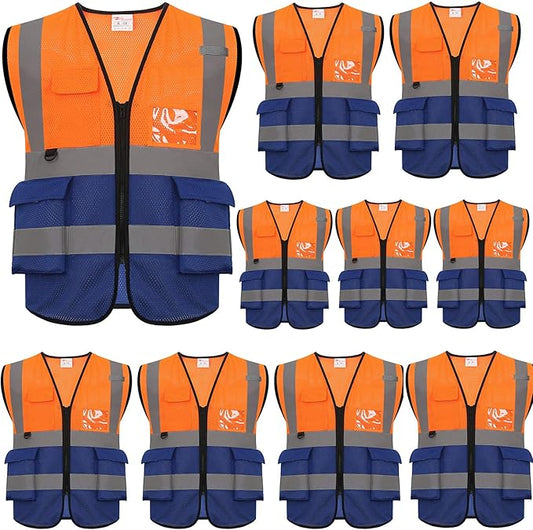 zojo High Visibility Safety Vests With Pockets, Pack of 10,Wholesale Reflective Vest for Outdoor Works, Cycling, Jogging, Walking,Sports - Fits for Men and Women(XL- Mesh-Mix Orange & Blue)