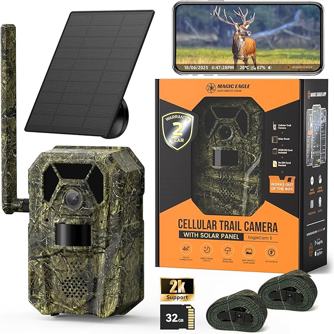 4G Cellular Trail Camera 2K Audible Video 0.3s Trigger 940nm No Glow IR Night Vision Hunting Essentials IP66 Instant Use with 32 GB Memory 13,000 mAh Battery Solar Panel Anti-Theft Tech