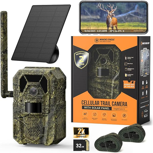 4G Cellular Trail Camera 2K Audible Video 0.3s Trigger 940nm No Glow IR Night Vision Hunting Essentials IP66 Instant Use with 32 GB Memory 13,000 mAh Battery Solar Panel Anti-Theft Tech