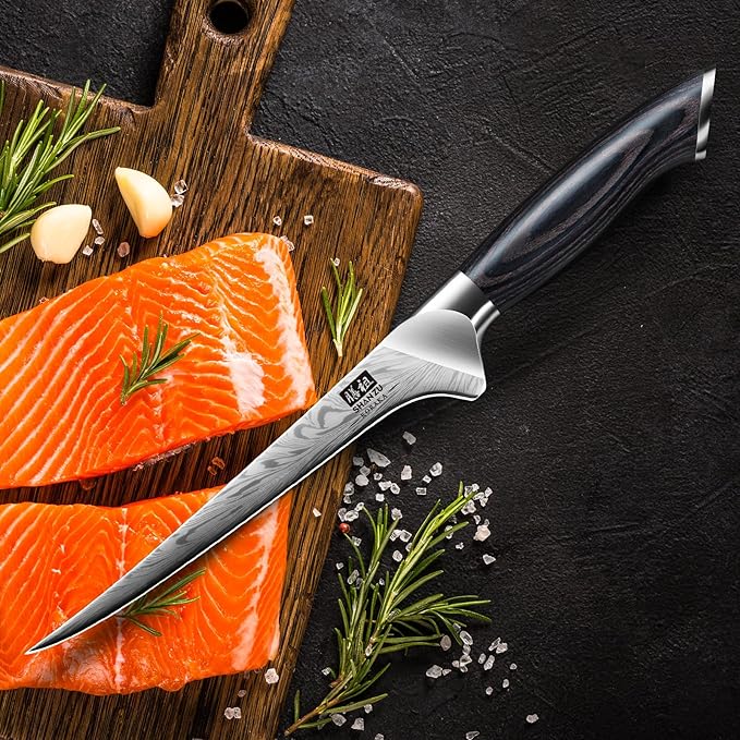 SHAN ZU Fillet Knife 7 Inch, Powder Steel Boning Knife High Carbon Japanese Filleting Knives, Ultra Sharp Deboning Knives for Meat Cutting, Fish Knive's with Ergonomic Pakkawood Handle