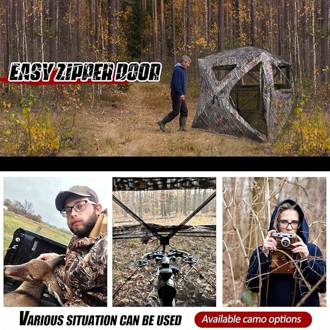 Wide Bottom Hunting Blind 3/4 Person with Portable Chair, 270 Degree See Through Pop up Ground Blinds for Deer Turkey Duck Hunting, Bow Hunting Adjust Windows with Silent Zipper