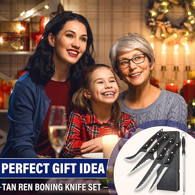 TAN REN Boning Knife Set, 6PCS Butcher Knife Set for Meat Cutting, Hand Forged Skinning Set with Sharpening Rod, High Carbon Steel Meat Trimming Knife for Kitchen & Outdoor Hunting Knife for Men