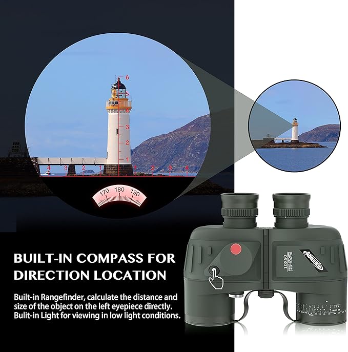 AOMEKIE Marine Binoculars for Adults 10x50 Waterproof Binoculars with Rangefinder Compass BAK4 Prism FMC Lens for Birdwatching Hunting Boating