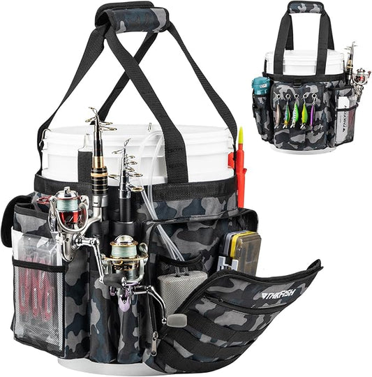 THKFISH Fishing Bucket Organizer for 5 Gallon Bucket, Ice Fishing Bucket Bag with Rod & Plier Holder, Adjustable Fish Protection Bucket Bag with Multi-Pockets for Fishing Gear