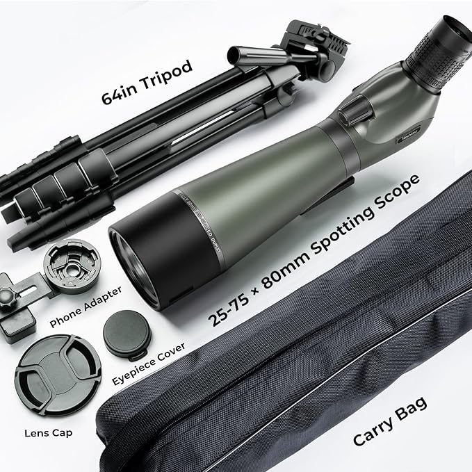 25-75x80 HD Spotting Scope with 64in Tripod and Upgraded Phone Adapter, Clear Image with BAK4 Prism Spotting Scopes for Target Shooting, Bird Watching, Hunting, Wildlife Viewing（Green）