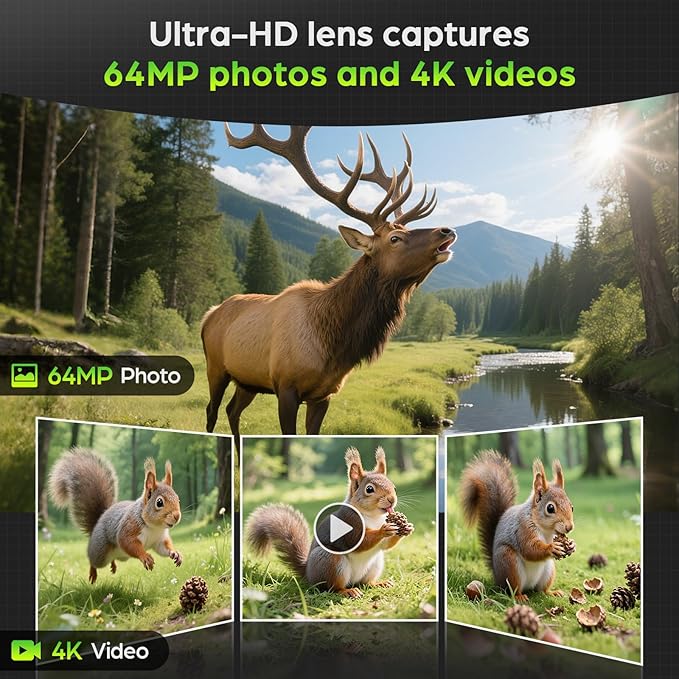 WiFi Trail Camera Solar, 4K 64MP Game Cam with Night Vision Motion Activated Waterproof IP66, 0.2s Trigger Trail Cam with 850nm Low Glow Infrared LEDs, Wildlife Camera with 32GB SD Card