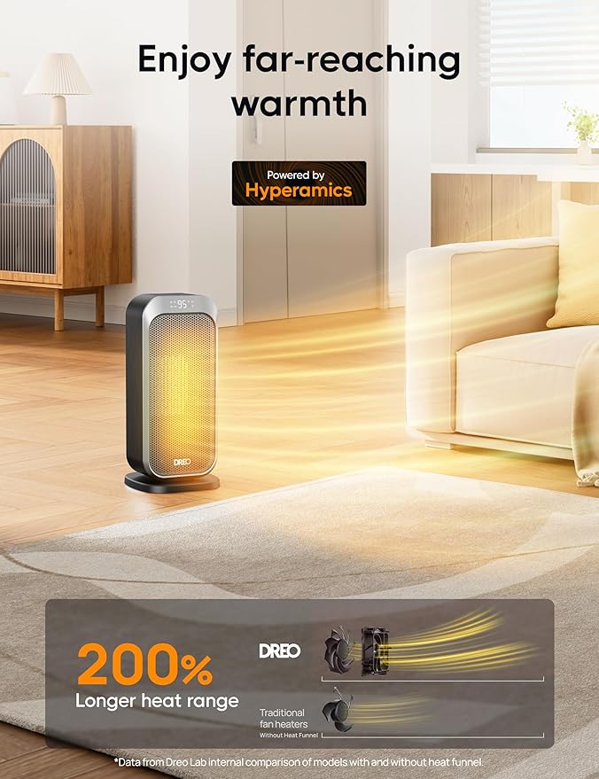 Dreo Space Heater, 1500W Fast Heating Portable Heaters for Indoor Use, 8 Safe Protection for Desk Office Bedroom, 70° Oscillation, Quiet Electric PTC Ceramic with Remote, 12H Timer