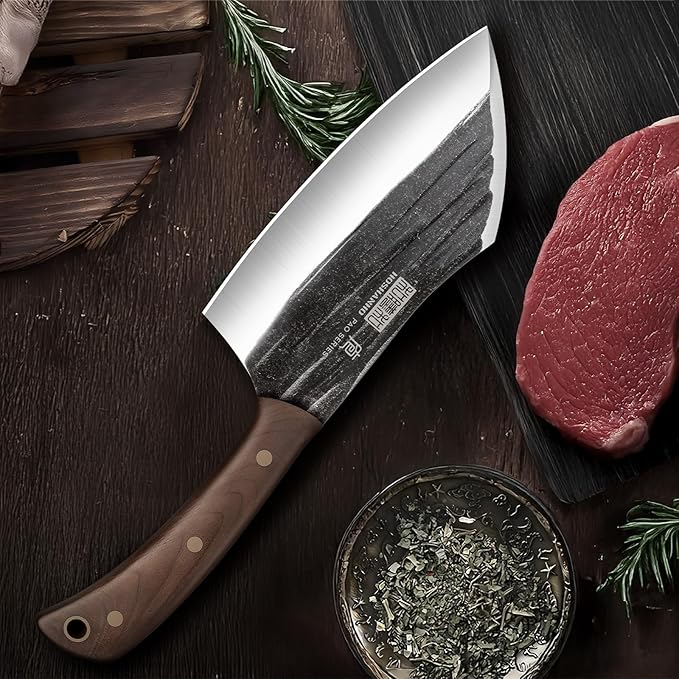 6 Inch Cleaver Knife, Hand Forged Vegetable Meat Cleaver, Full Tang Chopper Butcher Knife for Meat Cutting for Kitchen, Outdoor Cooking, Camping