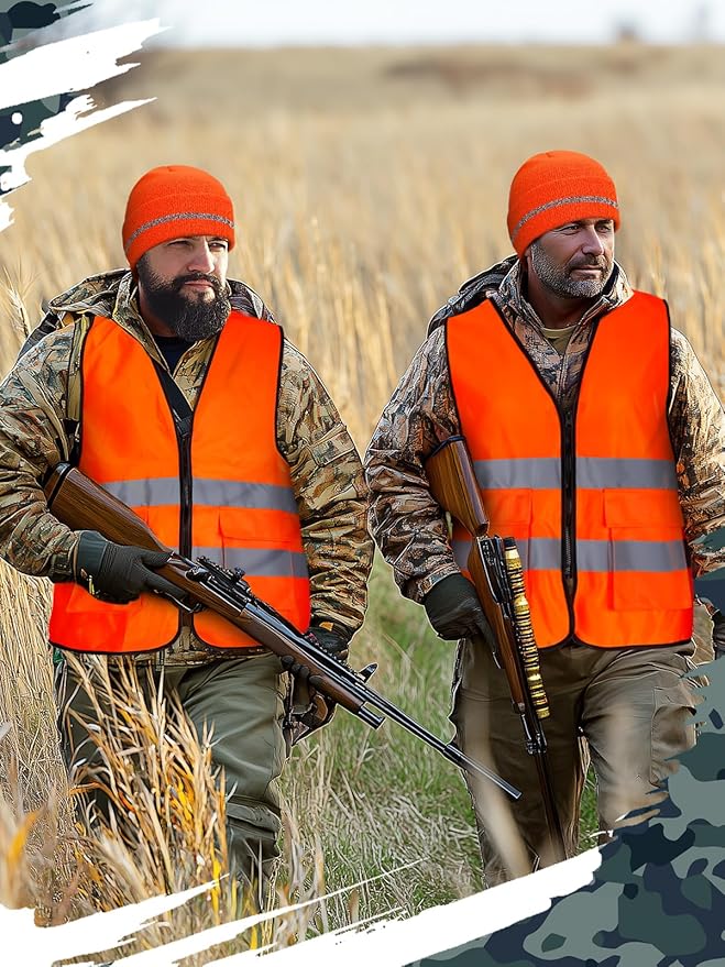 Apipi 2 Set Blaze Orange Hunting Vest and Beanie - High Visibility Safety Vest for Men, with Reflective Strips for Outdoor