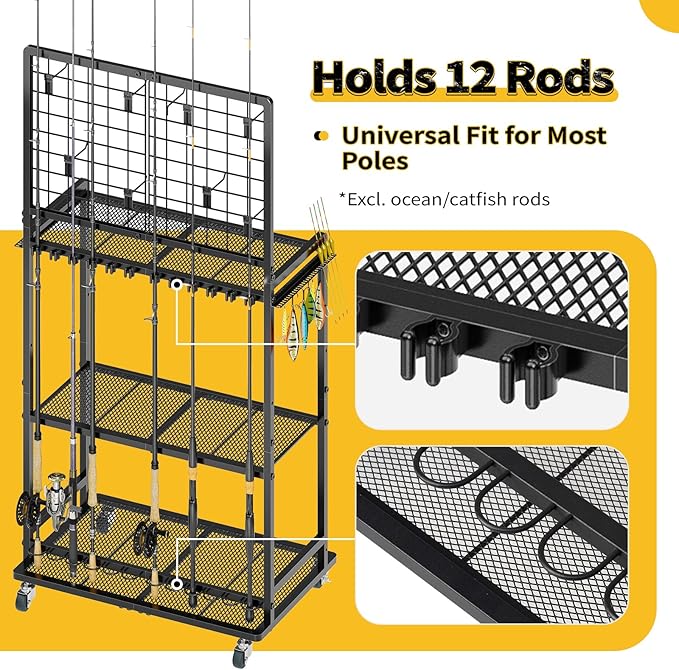 SOYEEZE Fishing Rod Holder for Garage, Fishing Pole Holders with Wire Panels and Free DIY Hooks, Store Up to 12 Rods, Large Storage Space with Wheels for Fishing Supplies, Best Fsihing Gifts for Man