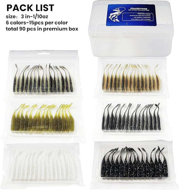 Slow Sinking Soft Fishing Lures Paddle Tail Worm Kit, 3in /3.7in /4.5in - 6 Colors Tail-Wagging Soft Baits with Salt-Infused for Bass/Walleye/Crappie Finesse Fishing,48/60/90Pack.