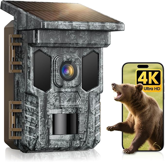 WiFi Trail Camera Solar, 4K 64MP Game Cam with Night Vision Motion Activated Waterproof IP66, 0.2s Trigger Trail Cam with 850nm Low Glow Infrared LEDs, Wildlife Camera with 32GB SD Card