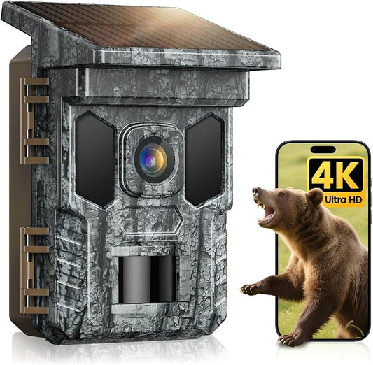 WiFi Trail Camera Solar, 4K 64MP Game Cam with Night Vision Motion Activated Waterproof IP66, 0.2s Trigger Trail Cam with 850nm Low Glow Infrared LEDs, Wildlife Camera with 32GB SD Card