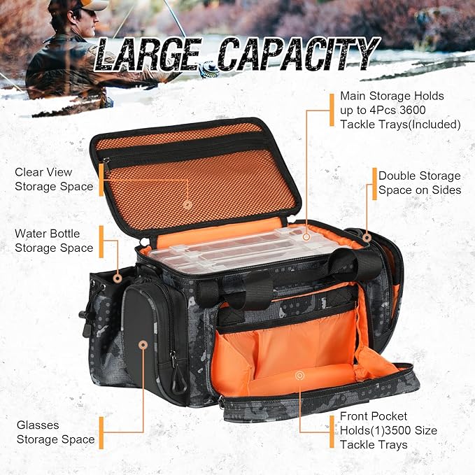 X Strike Fishing Bag - Waterproof Storage with 4 3600 Tackle Box, Saltwater & Freshwater Shoulder Bag for Camping, Hunting, Hiking, Travel