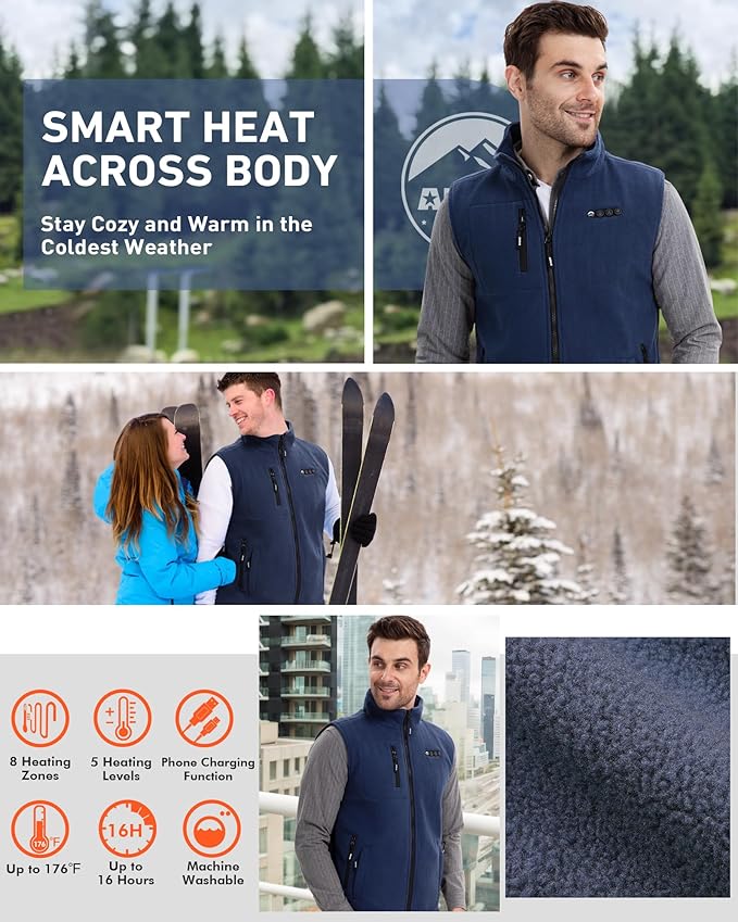 ARRIS Fleece Heated Vest for Men with Battery Pack Included, Size Adjustable 8 Heating Zones for Hunting