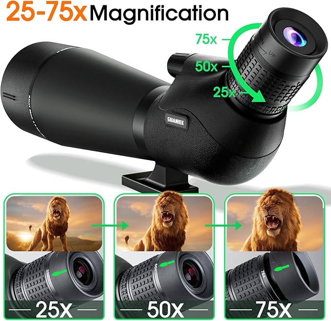 25-75x80 Spotting Scope with Upgraded Tripod Carrying Bag and Phone Adapter Spotter Scope for Target Shooting for Bird Watching Wildlife Viewing Green