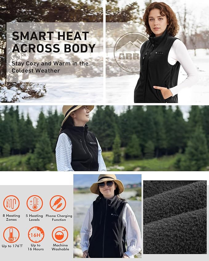 ARRIS Fleece Heated Vest for Women with 7.4V Battery Pack, Size Adjustable 8 Heating Zones Heating Clothing for Hunting