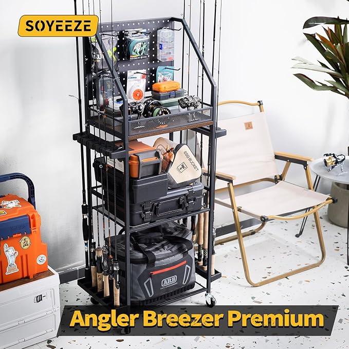 SOYEEZE Fishing Rod Holder,Fishing Pole Holders for Garage,Fishing Pole Rack for 12 Rods,Fishing Gear Equipment Organizer,Fishing Storage Cart Tackle Box/Reels/Bags with Wheels,Basement or Indoor