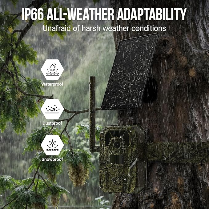 4G Cellular Trail Camera 2K Audible Video 0.3s Trigger 940nm No Glow IR Night Vision Hunting Essentials IP66 Instant Use with 32 GB Memory 13,000 mAh Battery Solar Panel Anti-Theft Tech
