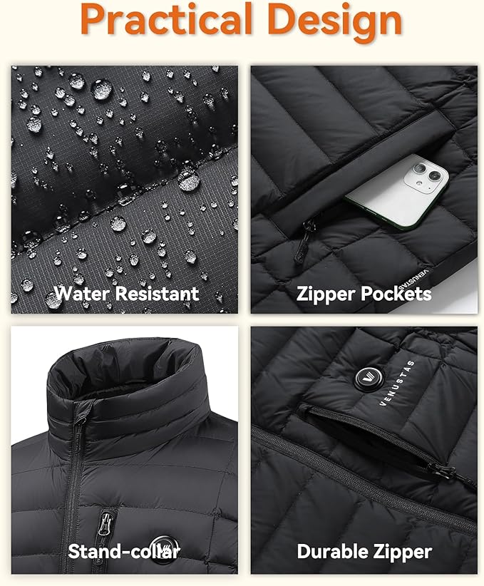 Venustas Men's Heated Down Vest with Battery Pack 7.4V Included, 90% Duck Down Lightweight Electric Vest for Hiking Hunting