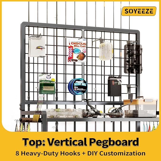 SOYEEZE Fishing Rod Holder for Garage, Fishing Pole Holders with Wire Panels and Free DIY Hooks, Store Up to 12 Rods, Large Storage Space with Wheels for Fishing Supplies, Best Fsihing Gifts for Man