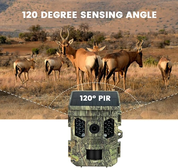 Solar Trail Camera 32MP 30FPS 2.7K Video,WiFi Bluetooth Hunting Camera with Motion Activated 0.2s Trigger, Night Vision Motion 64GB Card,Bracket,4PCS Battery,IP66 Waterproof for Wildlife Scouting