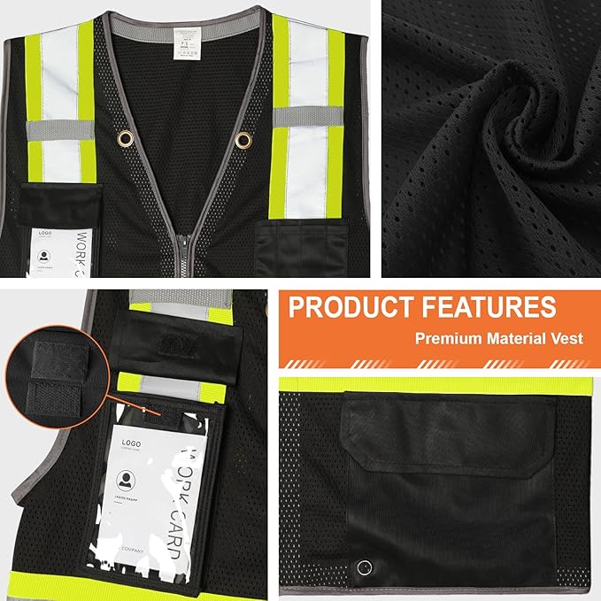 9 Pockets Class 2 High Visibility Reflective Safety Vest for Men, Mesh Hi Vis Construction Work Vest