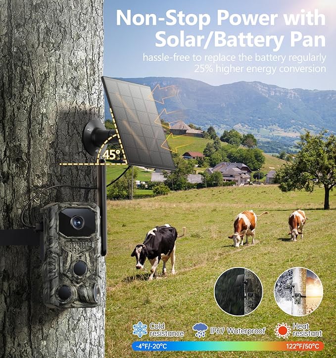 4G LTE Cellular Trail Camera, 6K GPS Solar Battery Powered Game Camera 0.1s Trigger Motion Activated, IP67 Waterproof Trail Cam, Night Vision Wildlife Monitor Cameras, Built-in SIM Card,120 Wide Angle
