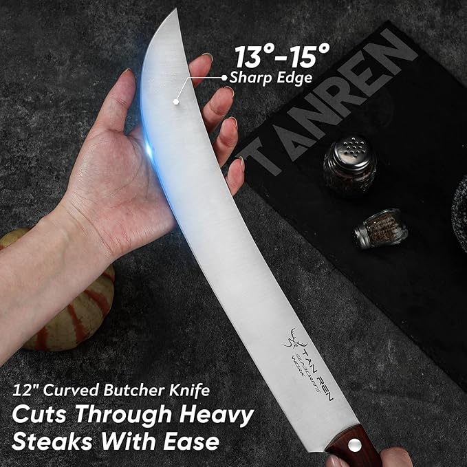 TAN REN Butcher Brisket Knife for Meat Carving, 12 Inch Cimeter Meat Slicing Knife with Wood Handle, Full Tang Breaking Knives for BBQ and Turkey