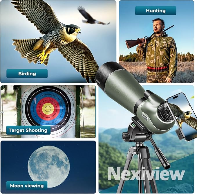 25-75x80 HD Spotting Scope with 64in Tripod and Upgraded Phone Adapter, Clear Image with BAK4 Prism Spotting Scopes for Target Shooting, Bird Watching, Hunting, Wildlife Viewing（Green）