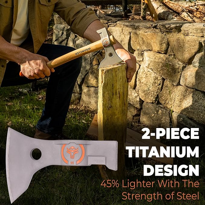 Titanium Camping Axe - 18" & 11.5" Wood Hickory Handles - Tomahawk Axe Hammer End - 2-Piece Slip-Fit Design - Includes Blade Sheath and 2 Handles - Survival Axe