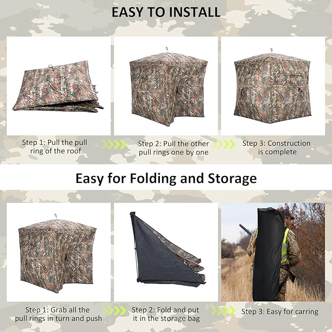 360 See-Through Hunting Blind, 2-3 Person, Light Woodland Camouflage, 4 Season, Hunting Tent