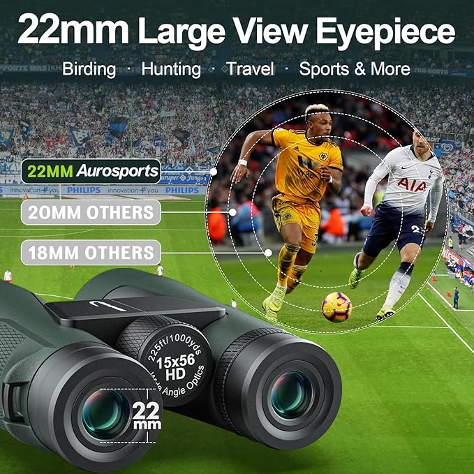 15x56 Binoculars for Adults High Powered - Aurosports HD Large View Binoculars with Clear Low Light Vision - Lightweight Easy Focus Bird Watching Hunting Hiking Cruise Travel - Green