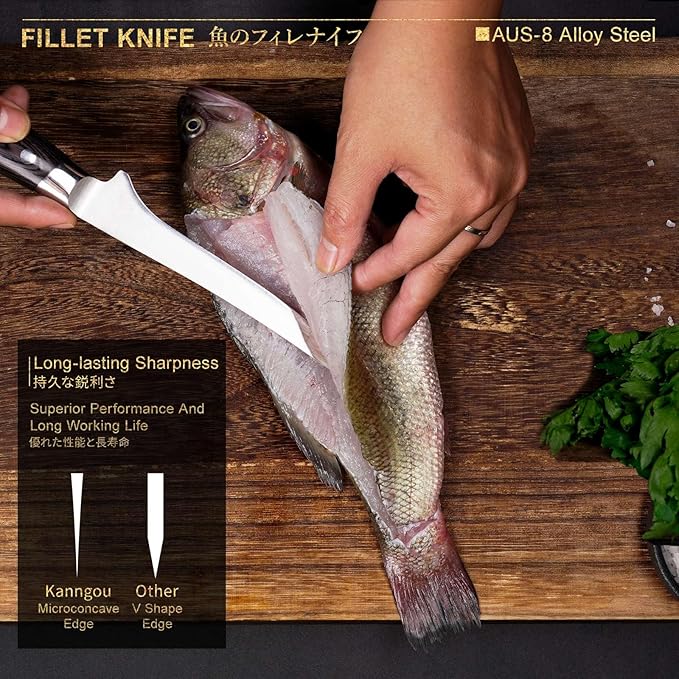 7 Inch Fillet Knife for Fish, Japan AUS-8 Alloy Steel Boning Knife for Meat with Full-Tang Pakkawood Handle, Kitchen Knives with Premium Gift Box (Classic Series)
