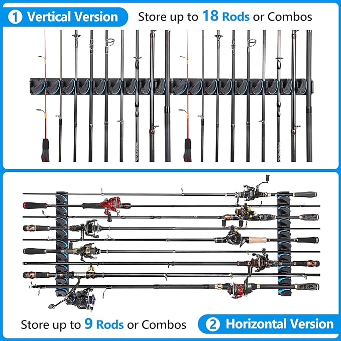 PLUSINNO 2 pack Vertical Fishing Rod rack, Wall Mounted Fishing Rod holder, 2 Packs Fishing Pole Holders Hold Up to 18 Rods or Combos, Fishing rod holders for garage, Fits Most Rods of Diameter 3-18mm