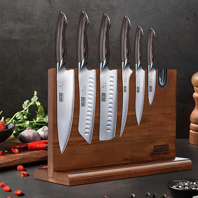 7 Pieces Kitchen Knife Set, Japanese High Carbon Stainless Steel Magnetic Knife Block Set, Ultra Sharp Chef Knives Sets with Ergonomic Pakkawood Handle