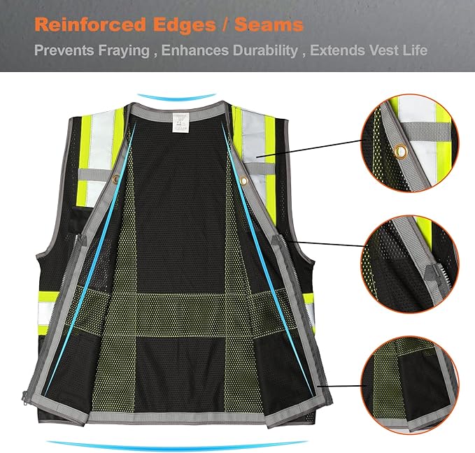 9 Pockets Class 2 High Visibility Reflective Safety Vest for Men, Mesh Hi Vis Construction Work Vest