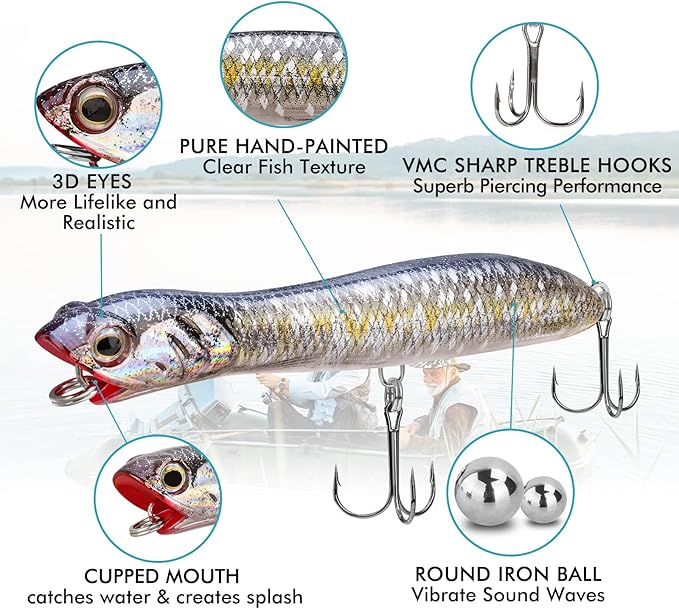 TRUSCEND PoPobait with BKK Hooks, Top Water Plopper Fishing Lures for Bass Walleye Pike Catfish Musky Perch, Floating Lure for Freshwater or Saltwater, Amazing Teasers Fishing Gifts for Family Fishing