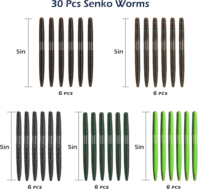 Senko Worms Kit – 4"/5" Soft Plastic Fishing Lures with Salt Impregnation for Bass Fishing