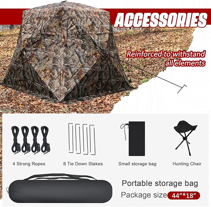 Wide Bottom Hunting Blind 3/4 Person with Portable Chair, 360 Degree See Through Pop up Ground Blinds for Deer Turkey Duck Hunting, Bow Hunting Adjust Windows with Silent Zipper