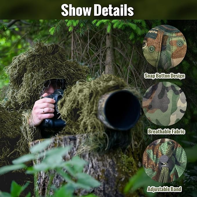 Slendor 5 in 1 Ghillie Suit, 3D Camouflage Hunting Camo Hunting Clothes, Suitable for Unisex Adults/Youth (S/M/L/XL/XXL)