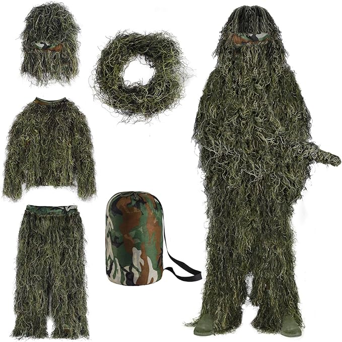 Slendor 5 in 1 Ghillie Suit, 3D Camouflage Hunting Camo Hunting Clothes, Suitable for Unisex Adults/Youth (S/M/L/XL/XXL)