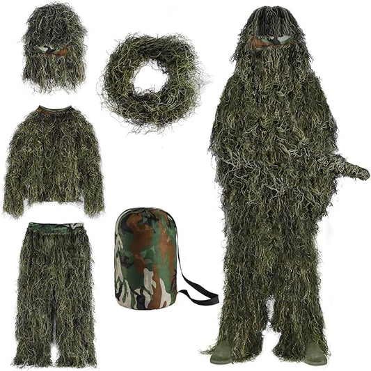Slendor 5 in 1 Ghillie Suit, 3D Camouflage Hunting Camo Hunting Clothes, Suitable for Unisex Adults/Youth (S/M/L/XL/XXL)