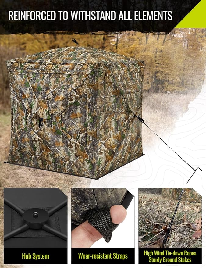 TIDEWE See Through Blind 270°with Silent Magnetic Door & Sliding Windows, 2-3 Person Pop Up Ground Blind with Carrying Bag, 300D Portable Resilient Tent(Camouflage & Veil Rush)