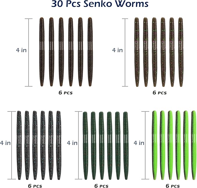 Senko Worms Kit – 4"/5" Soft Plastic Fishing Lures with Salt Impregnation for Bass Fishing
