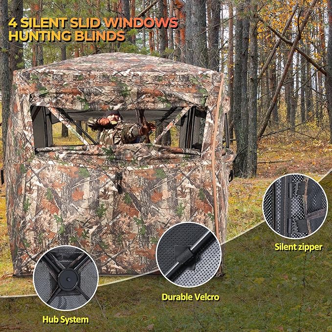 360 See-Through Hunting Blind, 2-3 Person, Light Woodland Camouflage, 4 Season, Hunting Tent