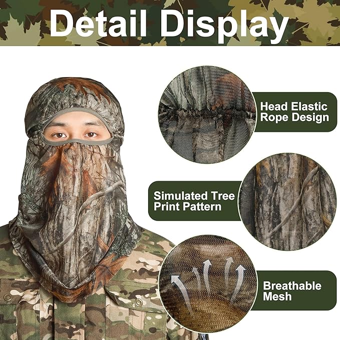 Watayo 2 Pcs Camo Hunting Face Mask, Hunting Head Net Camouflage Balaclava, Adjustable Hunting Breathable Mesh Mask for Men