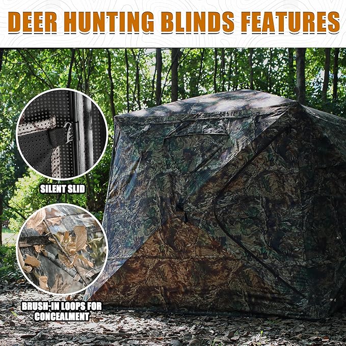 Wide Bottom Hunting Blind 3/4 Person with Portable Chair, 270 Degree See Through Pop up Ground Blinds for Deer Turkey Duck Hunting, Bow Hunting Adjust Windows with Silent Zipper