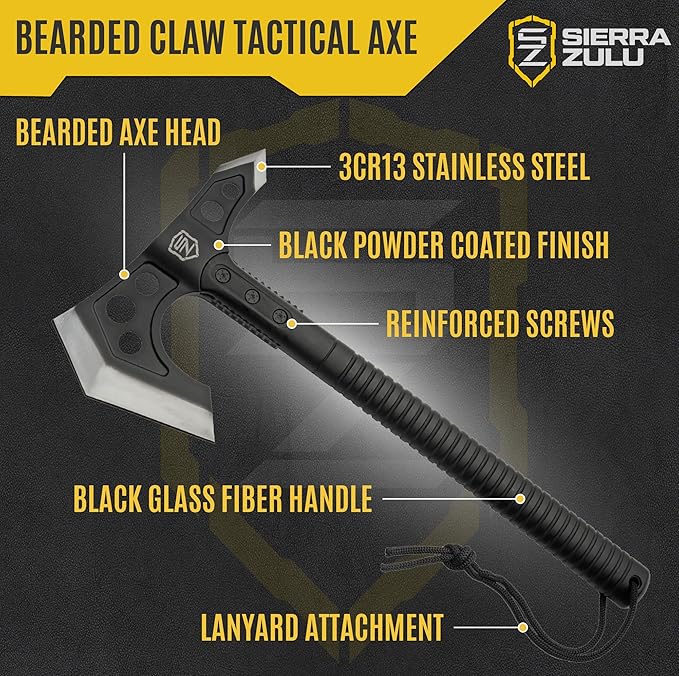Sierra Zulu Camping Axe - Tactical Survival Hatchet with Bearded Axe Head, Nylon Sheath & Glass Fiber Handle - Full Tang Outdoor Bushcraft Tool for Camping, Hiking, and Chopping Tasks